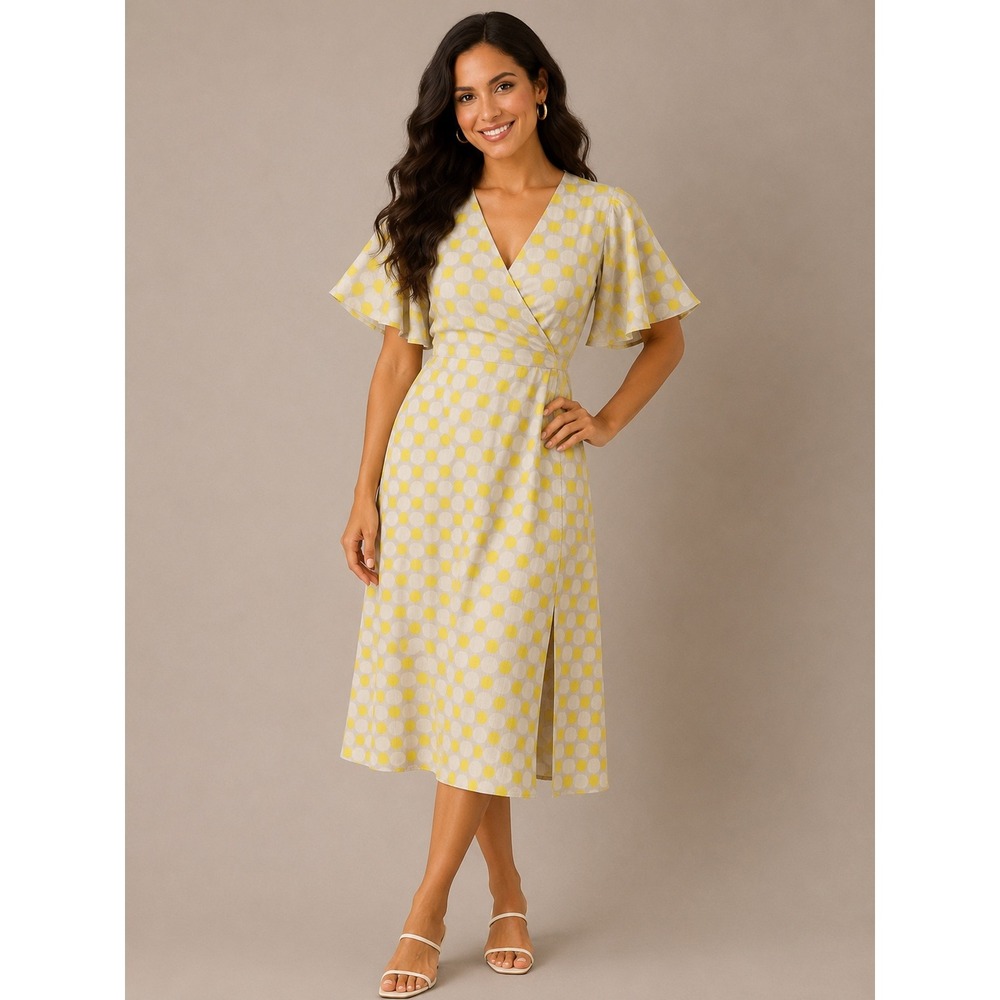 Zara Women XS Yellow Polka Dot Midi Dress Flutter Sleeve V-Neck Wrap Slit Summer